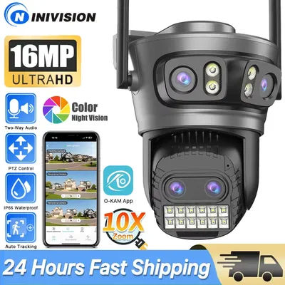 8K 16MP 10x Digital Zoom Four Lens Three Screen WIFI Camera Outdoor Night Vision PTZ Cam Auto Tracking Video Surveillance CCTV