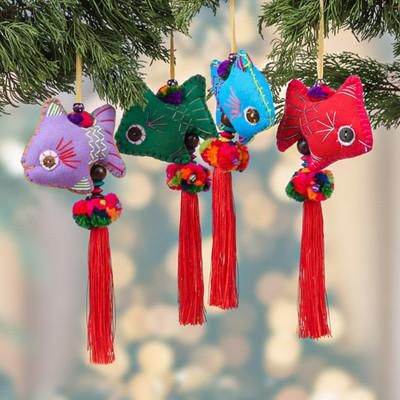 Marine Holidays,'4 Cotton Fish Christmas Ornaments with Pompoms and Tassels'