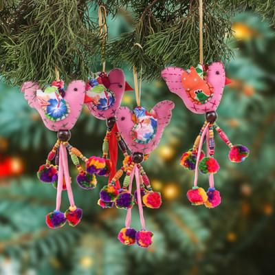 Greeting Birds,'4 Cotton Blend Bird Christmas Ornaments with Pompom and Bell'