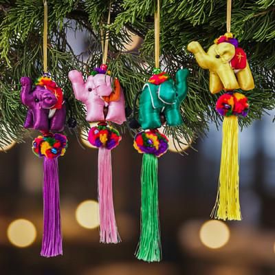 'Thai-Made Elephant-Themed 4-Piece Cotton Blend Ornament Set'