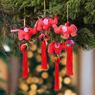 Flaming Parade,'Red-Orange 4-Piece Cotton Blend Elephant Ornament Set'