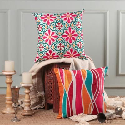 Colorful Connection,'Floral Abstract Embroidered Patchwork Cushion Covers (Pair)'
