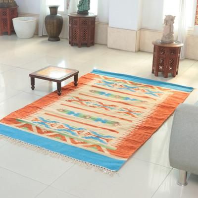 'Summer-Inspired Orange and Blue 100% Wool Dhurrie Rug (4x6)'