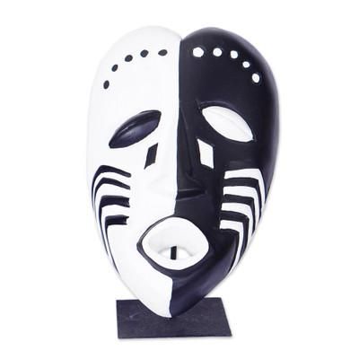 'Heart-Shaped Hand-Painted African Wood Mask on Steel Stand'