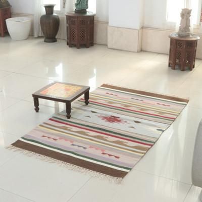 'Indian-Crafted Classic Striped 100% Wool Dhurrie Rug (3x5)'