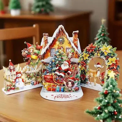 3D Christmas Card Night Before Christmas Scene With Santa, Reindeer, Snowy Village & Moonlit Sky Festive Holiday Greeting Card F