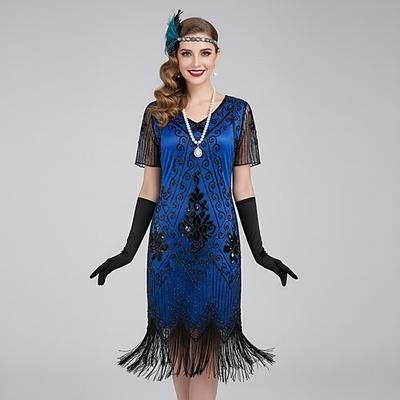 Set Anni Ruggenti Anni 1920 Lunghezza al ginocchio Abito Flapper Abiti Set di accessori con accessori Maniche corte Il grande Gatsby Invitato al matrimonio Paillettes Frangia con nappe Paillettes