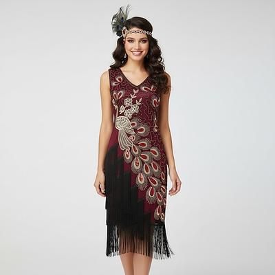 Set Anni Ruggenti Anni 1920 Lunghezza al ginocchio Abito Flapper Fascia Flapper con accessori Senza maniche Il grande Gatsby Ragazza Flapper Invitato al matrimonio Paillettes Frangia con nappe Piuma