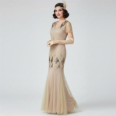 Set Anni Ruggenti Anni 1920 Lunghezza al pavimento Abito da sera Abiti Set di accessori con accessori Maniche corte Il grande Gatsby Invitato al matrimonio Paillettes Paillettes Scollo a V Costume