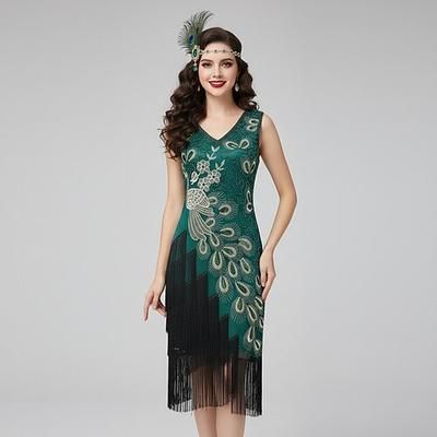 Set Anni Ruggenti Anni 1920 Lunghezza al ginocchio Abito Flapper Fascia Flapper con accessori Senza maniche Il grande Gatsby Ragazza Flapper Invitato al matrimonio Paillettes Frangia con nappe Piuma