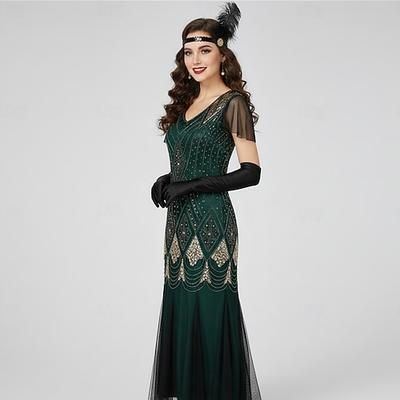 Set Anni Ruggenti Anni 1920 Lunghezza al pavimento Abito da sera Abiti Set di accessori con accessori Maniche corte Il grande Gatsby Invitato al matrimonio Paillettes Paillettes Scollo a V Costume