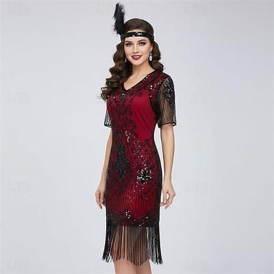 Anni Ruggenti Anni 1920 Lunghezza al ginocchio Vestito Abito Flapper Abito da Ballo Maniche corte Il grande Gatsby Charleston Invitato al matrimonio Paillettes Frangia con nappe Scollo a V Costume