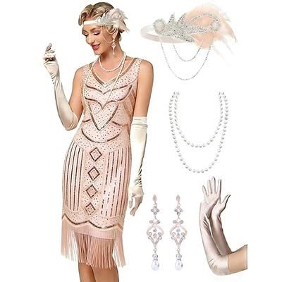 Set Anni Ruggenti Anni 1920 Lunghezza al ginocchio Vestito Abito Flapper Abiti con accessori Spalle scoperte Maniche corte Il grande Gatsby Charleston Paillettes Frangia con nappe Piuma Scollo a V