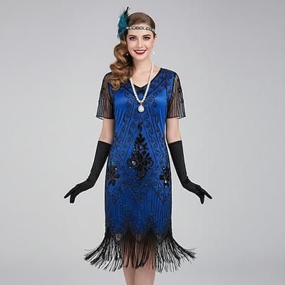 Set Anni Ruggenti Anni 1920 Lunghezza al ginocchio Abito Flapper Abiti Set di accessori con accessori Maniche corte Il grande Gatsby Invitato al matrimonio Paillettes Frangia con nappe Paillettes