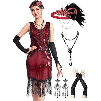 Set Anni Ruggenti Anni 1920 Lunghezza al ginocchio Vestito Abito Flapper Abiti con accessori Senza maniche Il grande Gatsby Charleston Paillettes Frangia con nappe Piuma Scollo a V Costume Per donna