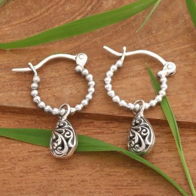 Orbs and Vines,'Sterling Silver Hoop Earrings with Orb and Vine Motifs'