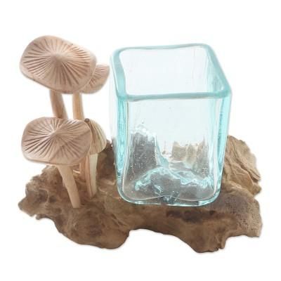 Mushroom Patch,'Hand Carved Wood and Glass Mushroom Sculpture'