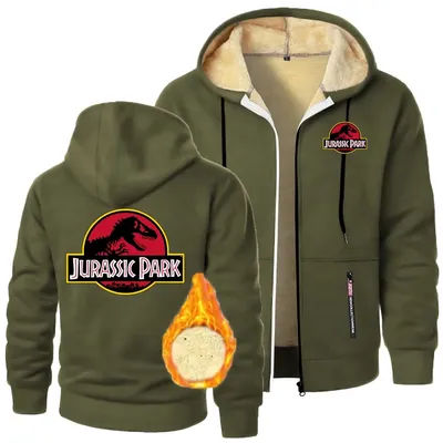 JURASSIC PARK Dinosaur World Sweatshirts Winter Thicken Lambswool Fleece Jacket Men's Zipper Hoodie Coats Heavyweight Outwear
