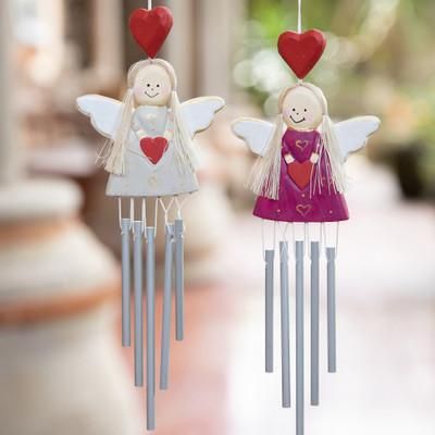 '2 Angel and Heart-Themed Wood and Natural Fiber Wind Chimes'