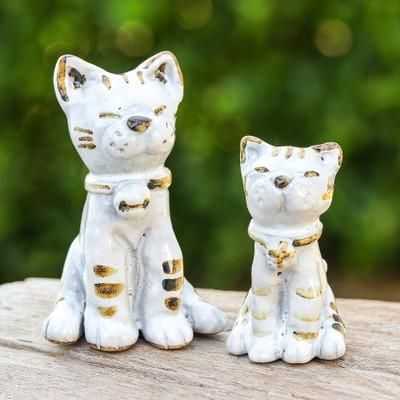 'Painted 2-Piece Ivory and Brown Ceramic Cat Statuette Set'