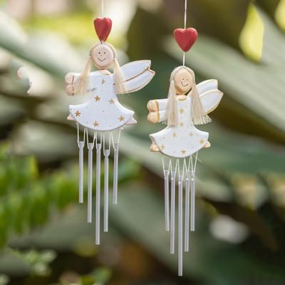 '2 Hand-Painted White and Gold Fairy-Themed Wood Wind Chimes'