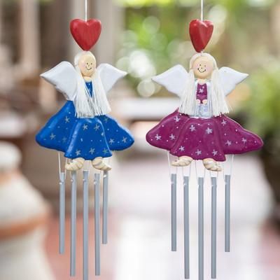 Smiling Fairies,'2 Blue Purple Wood and Natural Fiber Fairy Wind Chimes'