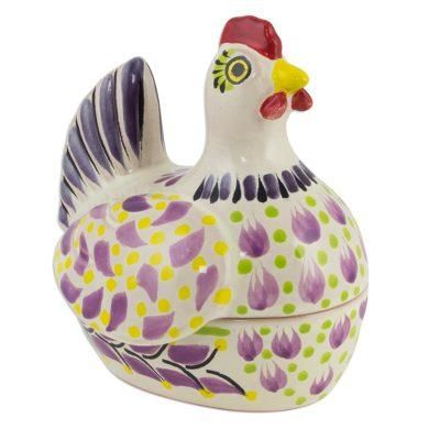 Majolica ceramic cookie jar, 'Pretty Purple Hen'