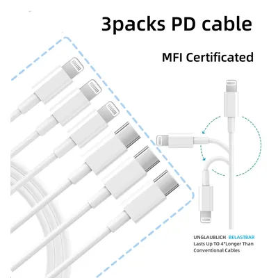 Câble de données de chargement USB C, 3 paquets, cordon de charge rapide de 3 pieds/6 pieds, câble de chargeur d'origine pour iPhone 14 13 12 11 Pro XS MAX XR 8 7 6s