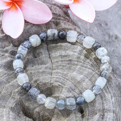 Sleek Flair,'Rutilated Quartz Stretch Bracelet with Black Inclusions'