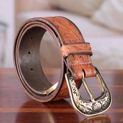 'Men's Classic-Themed Espresso Brown Leather Belt from India'