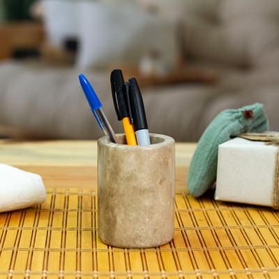 'Artisan-Made Hand-Carved Natural Brown Marble Pencil Holder'