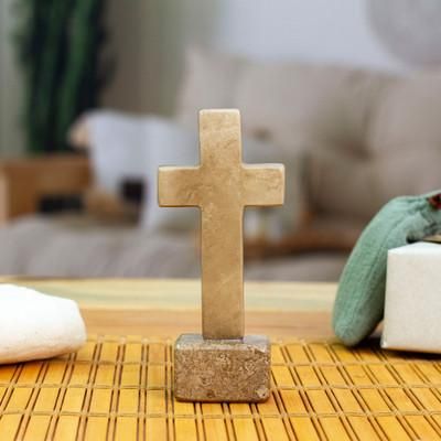 'Inspirational Religious Hand-Carved Marble Cross Sculpture'