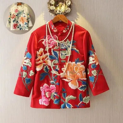 Veste de costume Tang chinois rétro à Double boutonnage avec broderie de pivoine, haut court de Style Cheongsam pour femmes, printemps