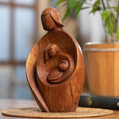 'Hand-Carved Semi-Abstract Suar Wood Sculpture of Family'