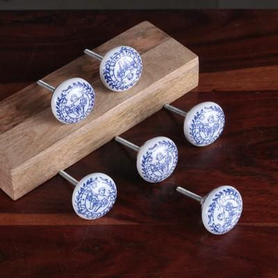 'Blue and White 6-Piece Ceramic Knob Set Crafted in India'