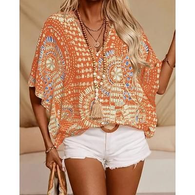 Per donna Blusa Stampato Floreale Bohemien Vintage Elegante Manica Corta Scollo a V Top Regolari Quotidiano Ferie Uscire Nero Rosso Arancione Verde Estate Primavera