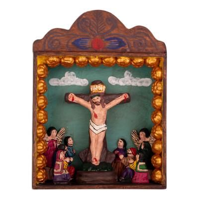 Crucifixion,'Hand-Painted Wood Ceramic Crucifixion of Christ Retablo'
