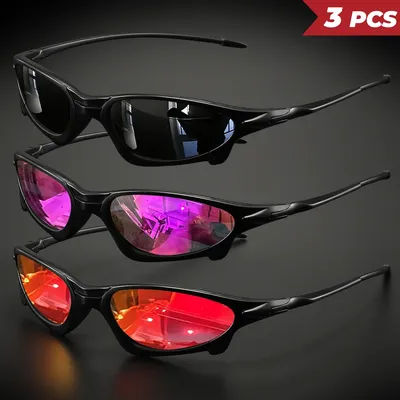 Lunettes de soleil de sport colorées à petite monture futuriste, 3 pièces, ajustement enveloppant, UV400 pour le cyclisme, la pêche et les voyages