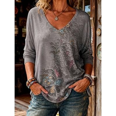 T-shirt Boho da donna Grafica Floreale Piante Vintage Elegante Casual Maniche Lunghe Collo a V Top Regolari Da Giorno Weekend Spiaggia Indossare Stampa Grigio Nero Beige Estate Primavera