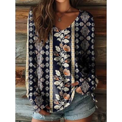 T-shirt Boho da donna Grafica Floreale Piante Vintage Elegante Casual Maniche Lunghe Collo a V Top Regolari Da Giorno Weekend Spiaggia Indossare Stampa Grigio Nero Beige Estate Primavera