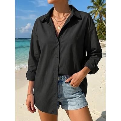 Per donna Camicia Blusa Bottoni Semplice Vintage Elegante Manica Lunga Colletto a Camicia Top Regolari Quotidiano Ferie Uscire Blu Nero Bianco Estate Primavera