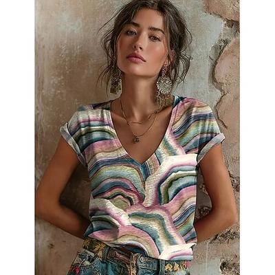 Per donna Maglietta Stampato Floreale Grafico Astratto Vintage Elegante Classico Manica Corta Scollo a V Top lunghi Quotidiano Blu Beige chiaro Rosa Viola Estate Primavera