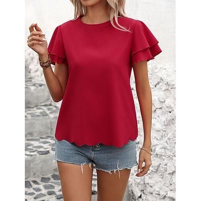 Per donna Maglietta Taglio Bottoni Tinta unica Vintage Elegante Casual Manica Corta Manica a Balze Girocollo Top Regolari Quotidiano Uscire Rosso Estate Primavera