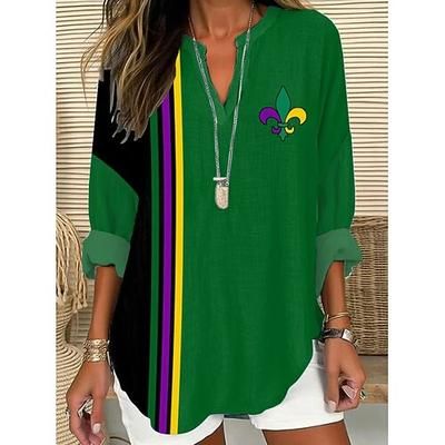 Blusa da Donna per il Mardi Gras in Lino Leggero Traspirante Grafica Vintage Stile Quotidiano Manica Lunga Collo a V Normale Top Quotidiani Stampa Gialla Viola Verde Estate Primavera