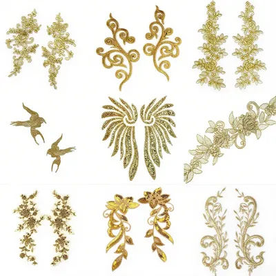 1 Pair Gold Flower Unique Embroidery Patches Fabric For Clothes Home Pillow Accessories Sewing Handmade Applique Repair Crafts