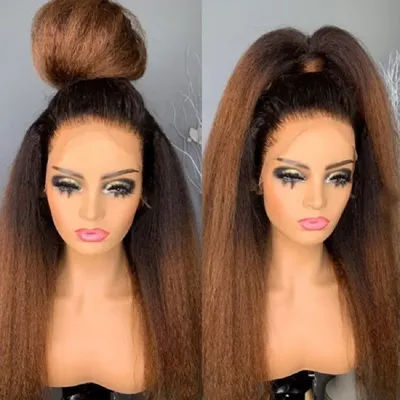 Natural Hairline Ombre Brown Yaki 26inch 180density Soft Kinky Straight Lace Front Wig For Women Baby Hair Synthetic Glueless