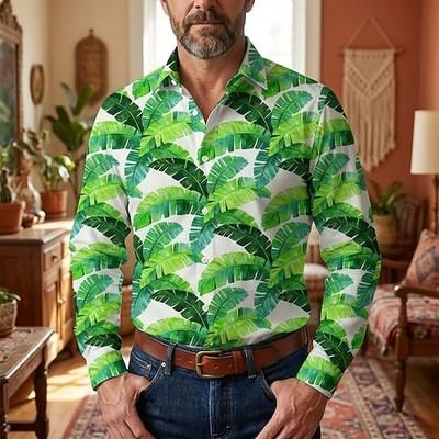Retrò Vintage Anni '70 Camicia Camicia Aloha Lunghe Hippie Foglia Costume Per uomo Mascherata Festival Musicale Feste Abbigliamento quotidiano Adulti Camicia