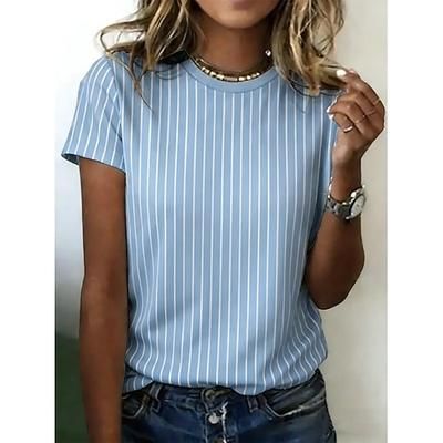Per donna Maglietta Stampato Grafico Geometrico Plaid Vintage Elegante Classico Manica Corta Girocollo Top Regolari Quotidiano Blu Bianco / blu Rosa Estate Primavera Autunno