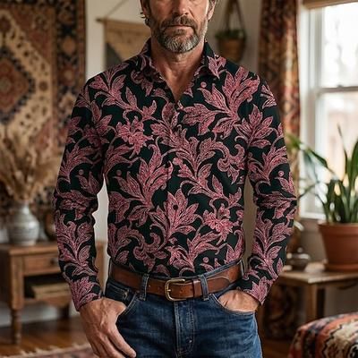 Retrò Vintage Anni '70 Camicia Camicia Aloha Lunghe Hippie Etnico Costume Per uomo Mascherata Festival Musicale Feste Abbigliamento quotidiano Adulti Camicia