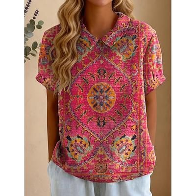Per donna Blusa Stampato Grafico Astratto Vintage Elegante Casual Manica Corta Colletto a Camicia Top lunghi Quotidiano Lavoro Rosso Arancione Estate Primavera